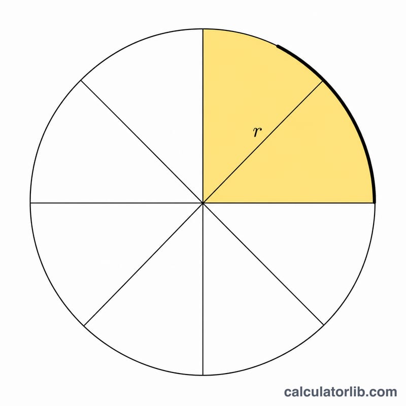 Pizza divided into equal sector slices with one slice highlighted, showing radius and curved crust edge