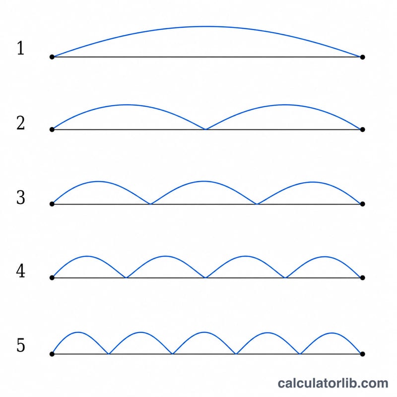 A vibrating string showing the fundamental and first few harmonic standing wave modes stacked vertically