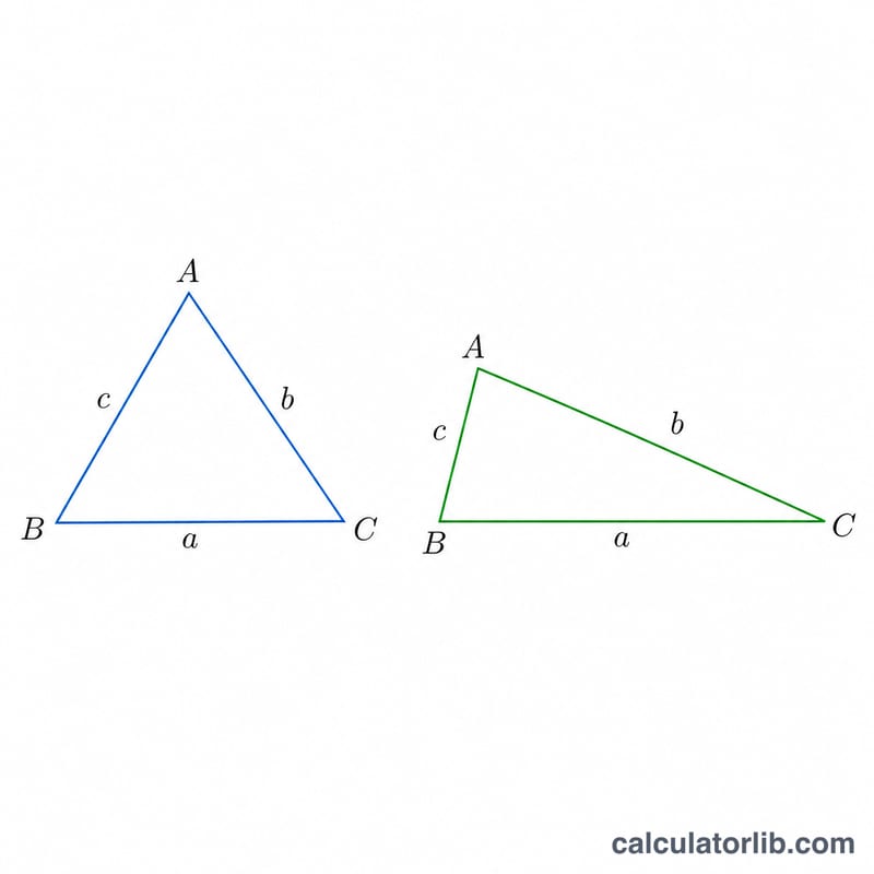 Two oblique triangles, one acute and one obtuse, with vertices A B C and sides a b c