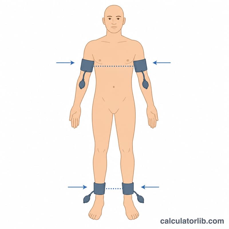Diagram of a body showing blood pressure measurement sites at both arms and both ankles