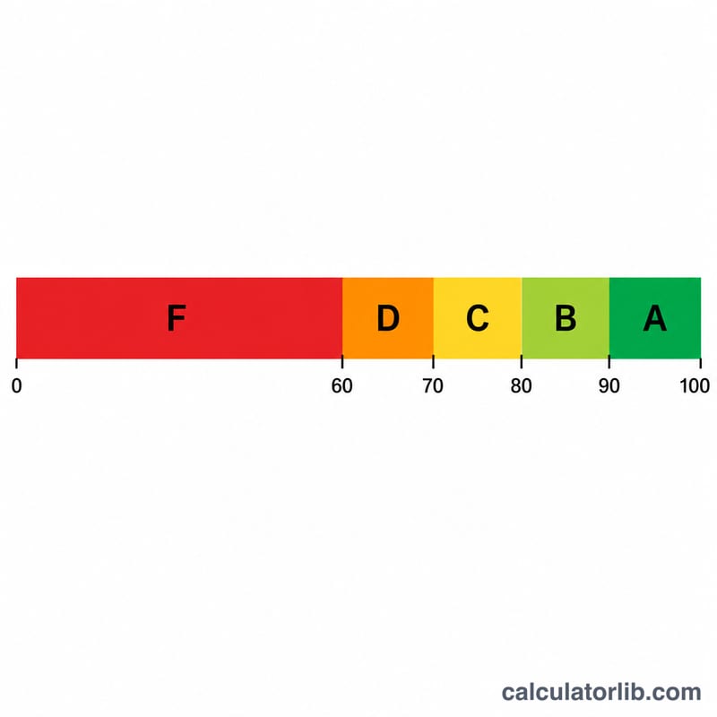 Number line from 0 to 100 split into colored bands for grades F, D, C, B, A