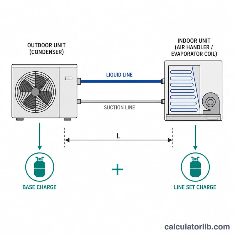 Diagram of HVAC split system showing base charge in condenser plus line set length adjustment