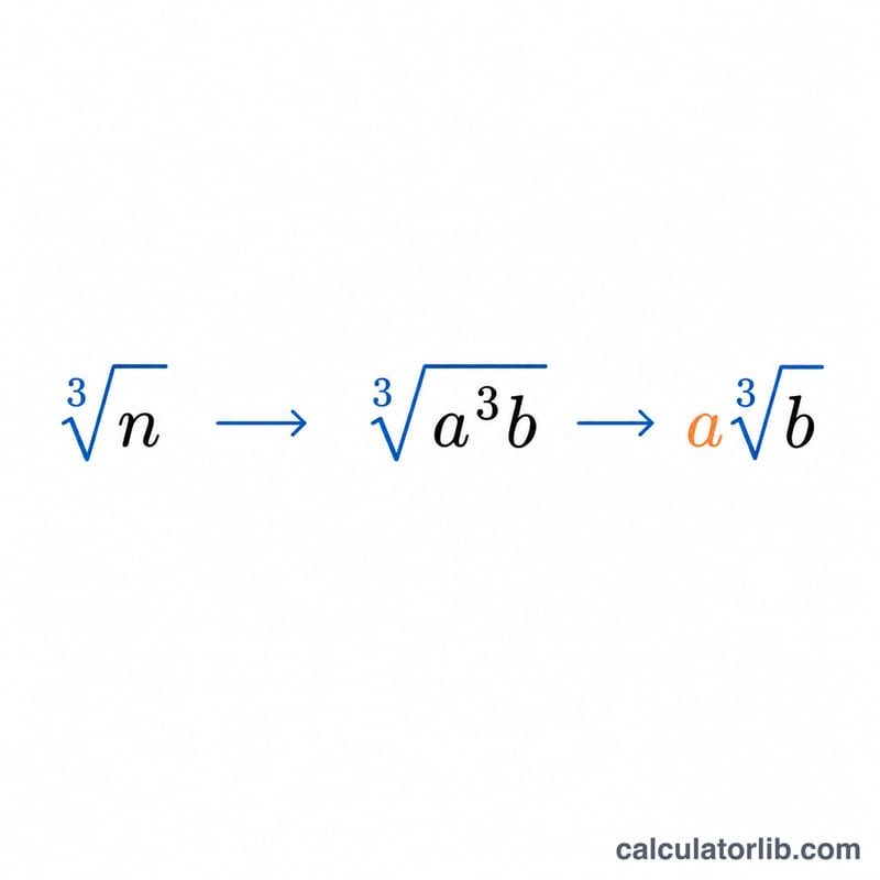 Schéma montrant un nombre factorisé en un cube parfait multiplié par un reste sous une racine cubique, se simplifiant en un coefficient multiplié par une racine cubique plus petite