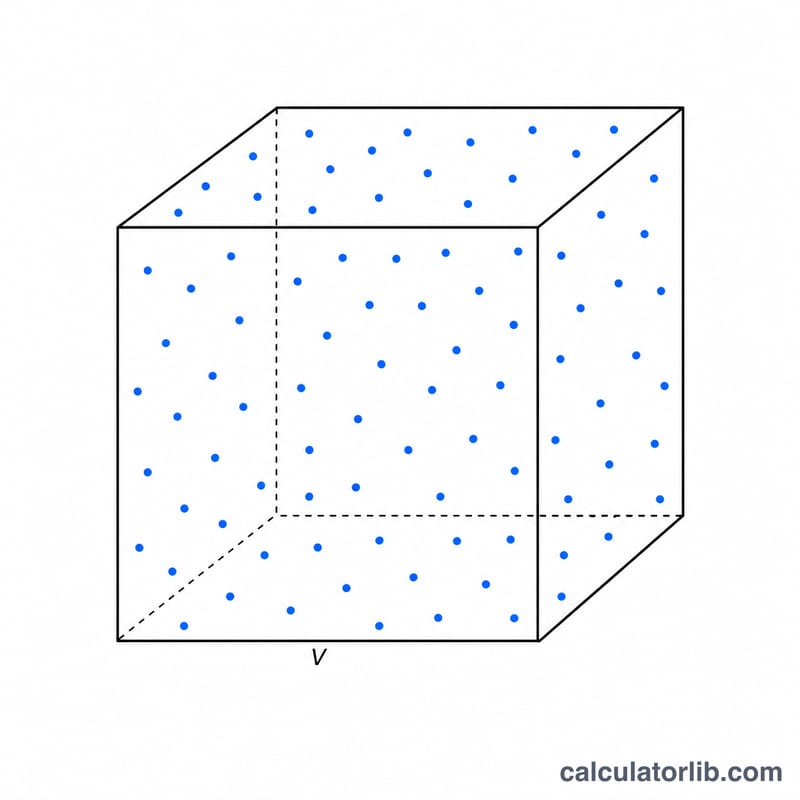 A fixed cubic volume containing scattered identical particles, illustrating particles per unit volume