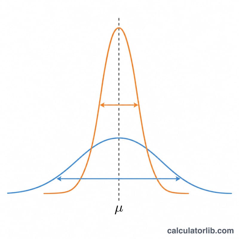 Wide sampling distribution of the mean versus a narrow one, showing standard error as the spread