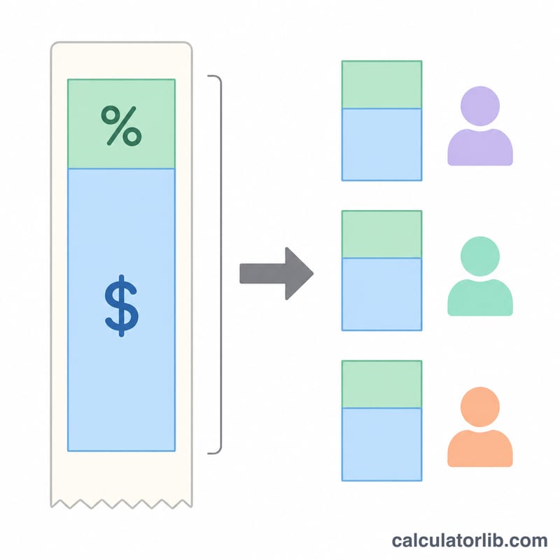 Diagram of a bill plus tip total divided into equal per-person shares