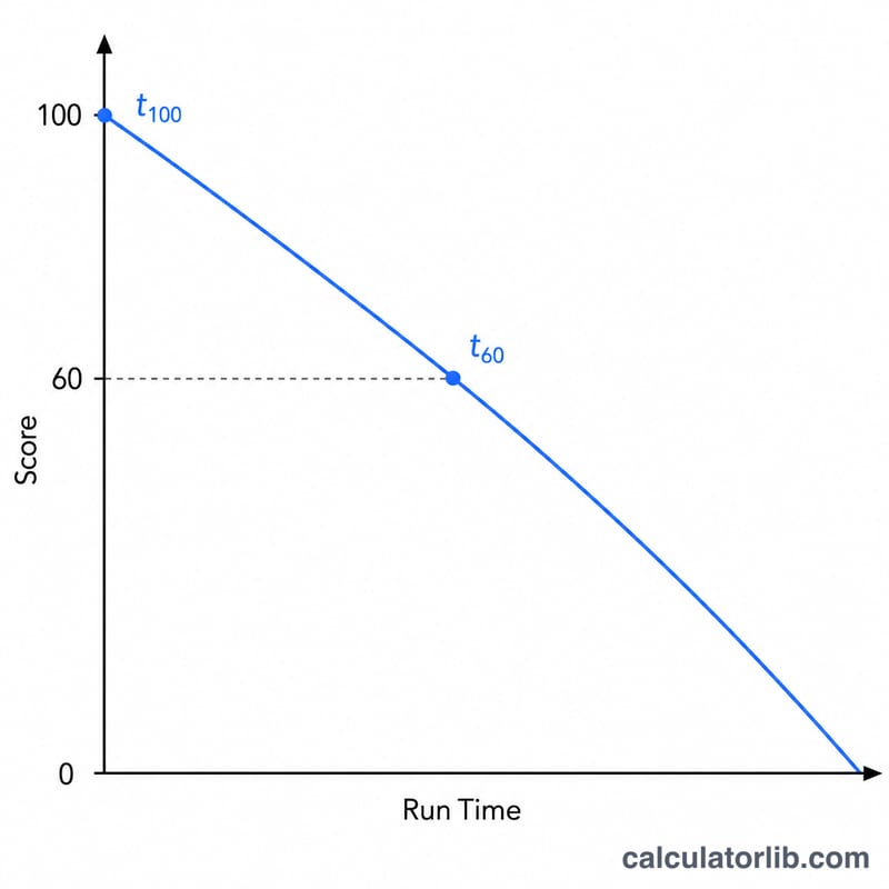 Line graph showing run score decreasing linearly as run time increases between the maximum and minimum time thresholds