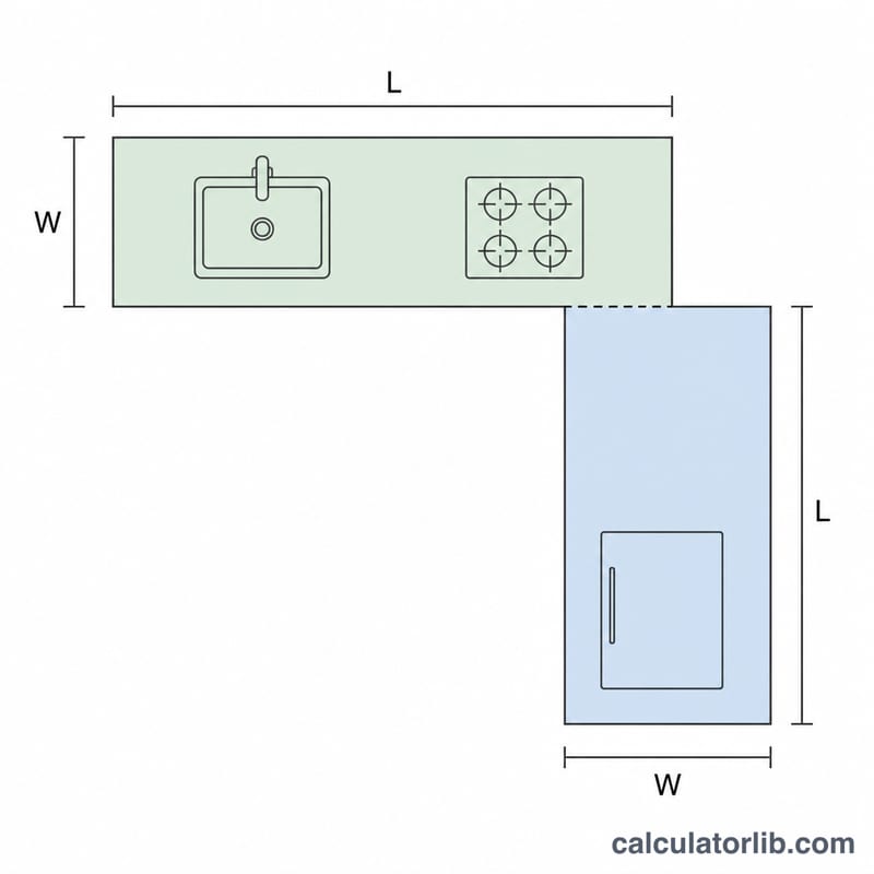 Top-down L-shaped countertop divided into two rectangular sections with length and width labeled