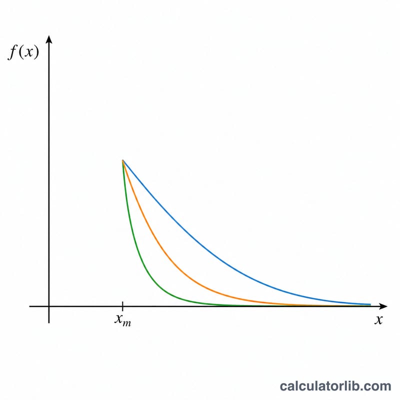 Curvas de densidad de probabilidad de la distribución de Pareto para varios parámetros de forma