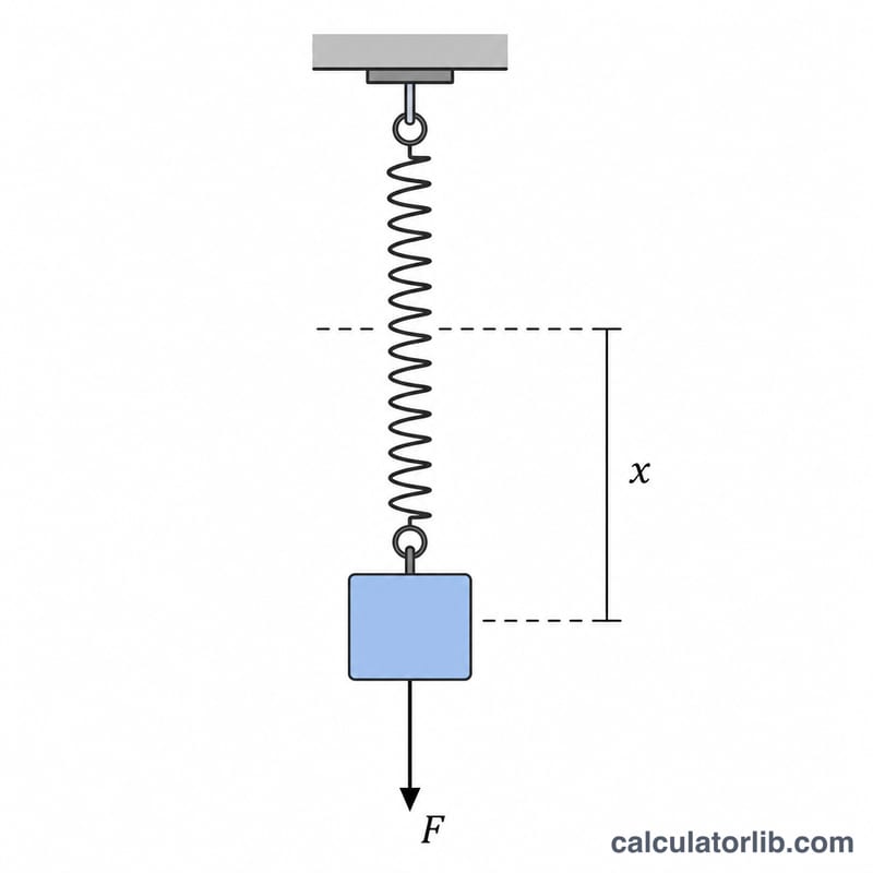 Hanging spring stretched by a weight showing displacement x and force F