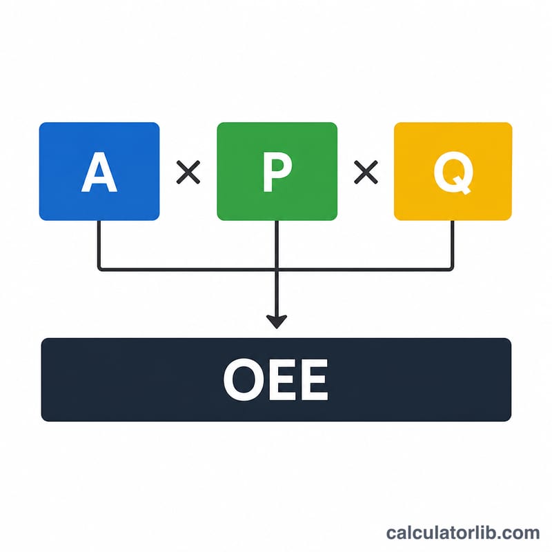 OEE bằng Khả dụng nhân Hiệu suất nhân Chất lượng, thể hiện ba yếu tố nhân với nhau thành một kết quả