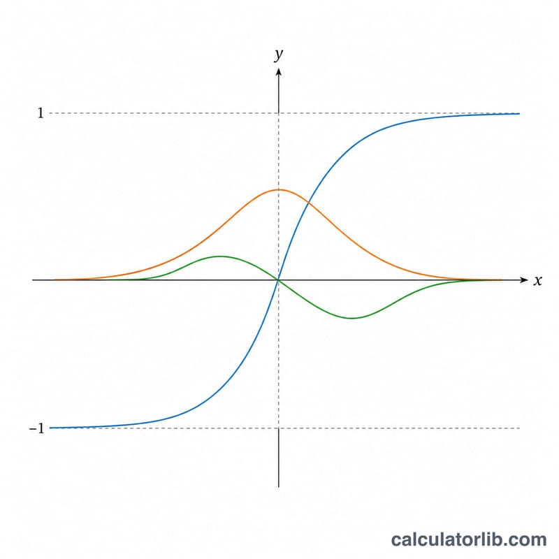 Graphs of tanh(x), its first derivative, and its second derivative