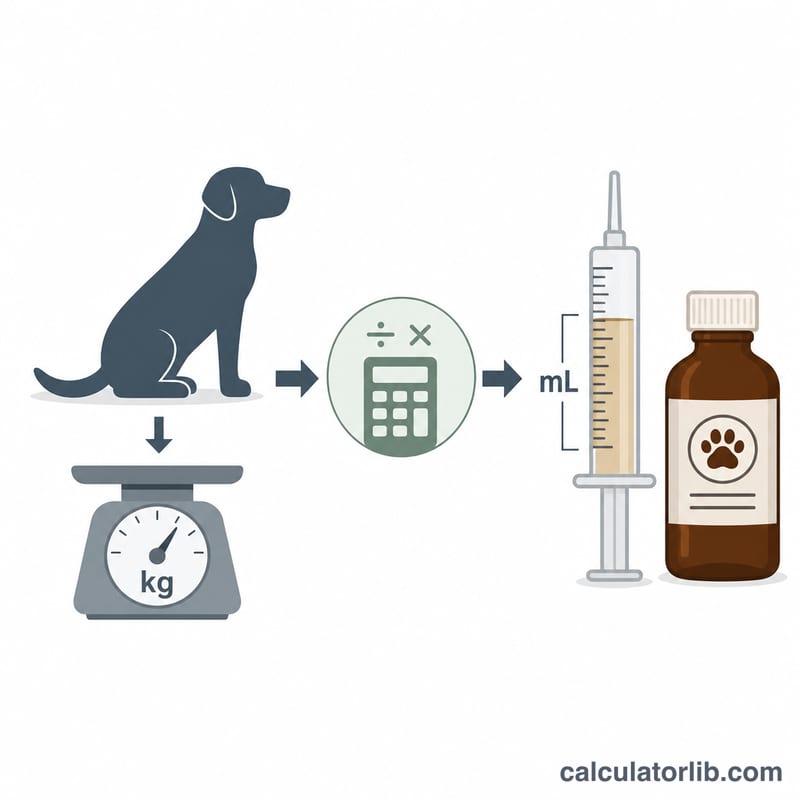 Dog, scale, peroxide bottle and dosing syringe showing dose by weight