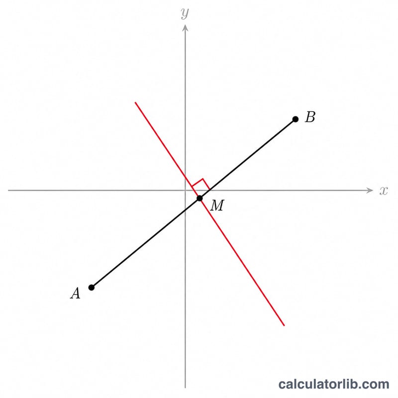A line segment between two points with its perpendicular bisector crossing at the midpoint at a right angle