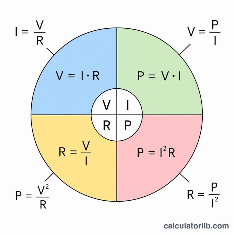 Wheel diagram relating voltage, current, resistance and power with the four formulas