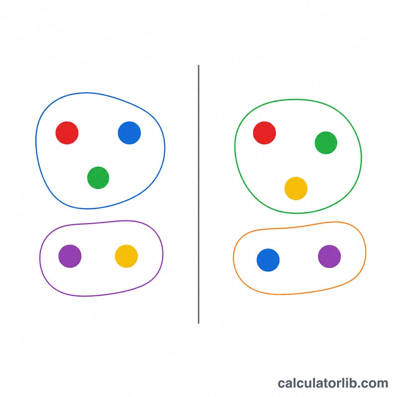 5個の点の集合を色付きの輪で2つの空でないグループに分けた図