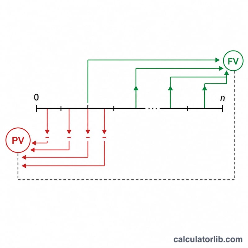 Timeline showing negative cash flows discounted to present value and positive cash flows compounded to future value for MIRR