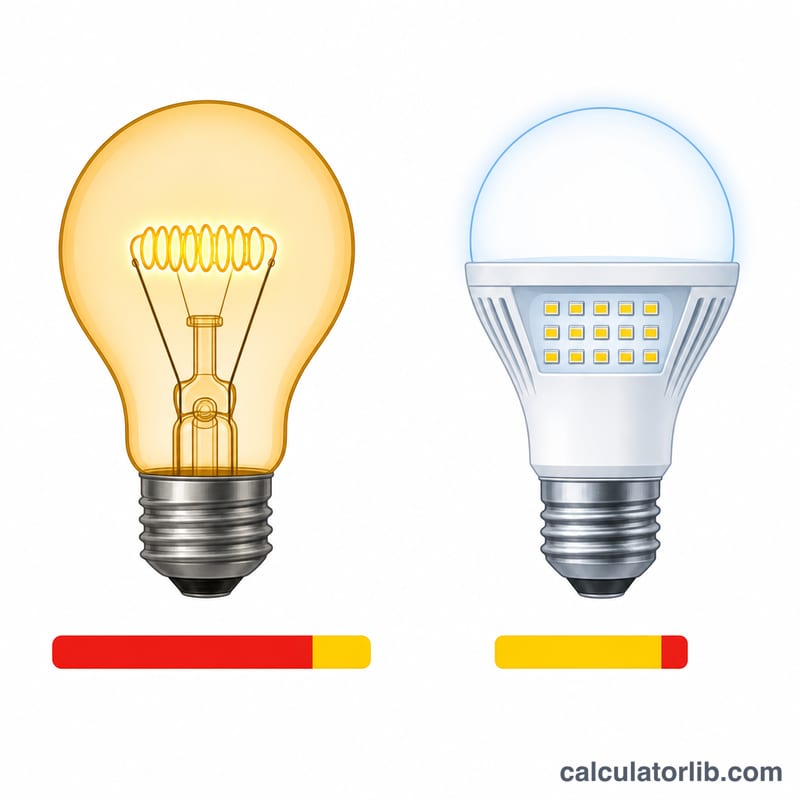 Bóng đèn sợi đốt so với bóng đèn LED thể hiện sự phân chia năng lượng giữa nhiệt và ánh sáng