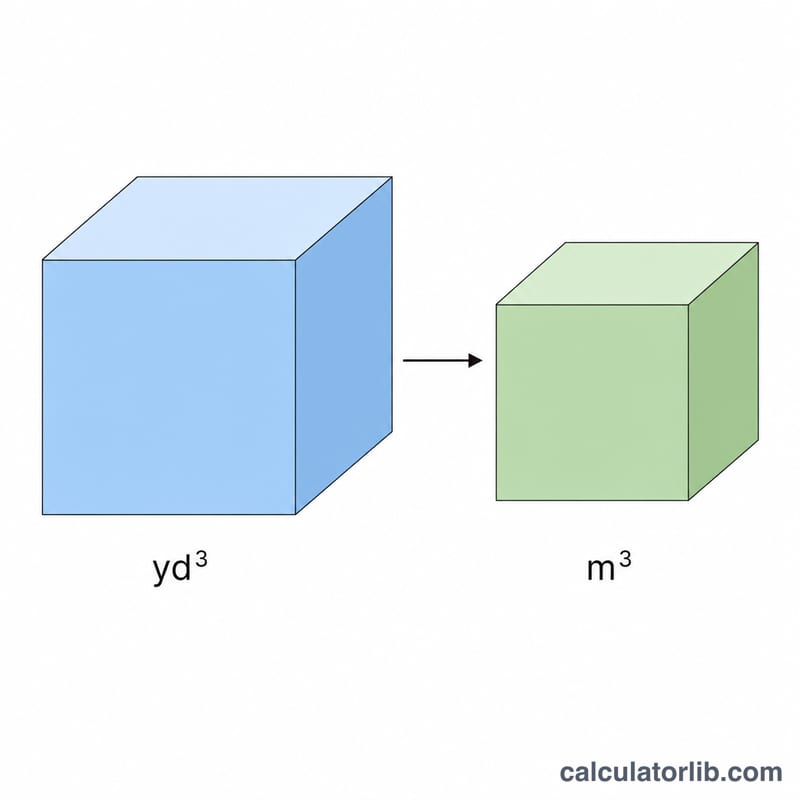 One cubic yard cube next to a slightly smaller cubic meter cube with conversion arrow