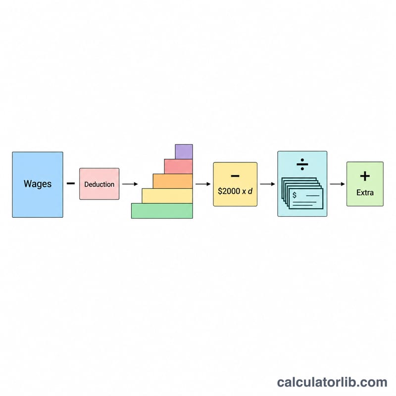 Flat diagram showing annual wages reduced by standard deduction, run through tax brackets, dependent credit subtracted, then divided across pay periods with extra added.