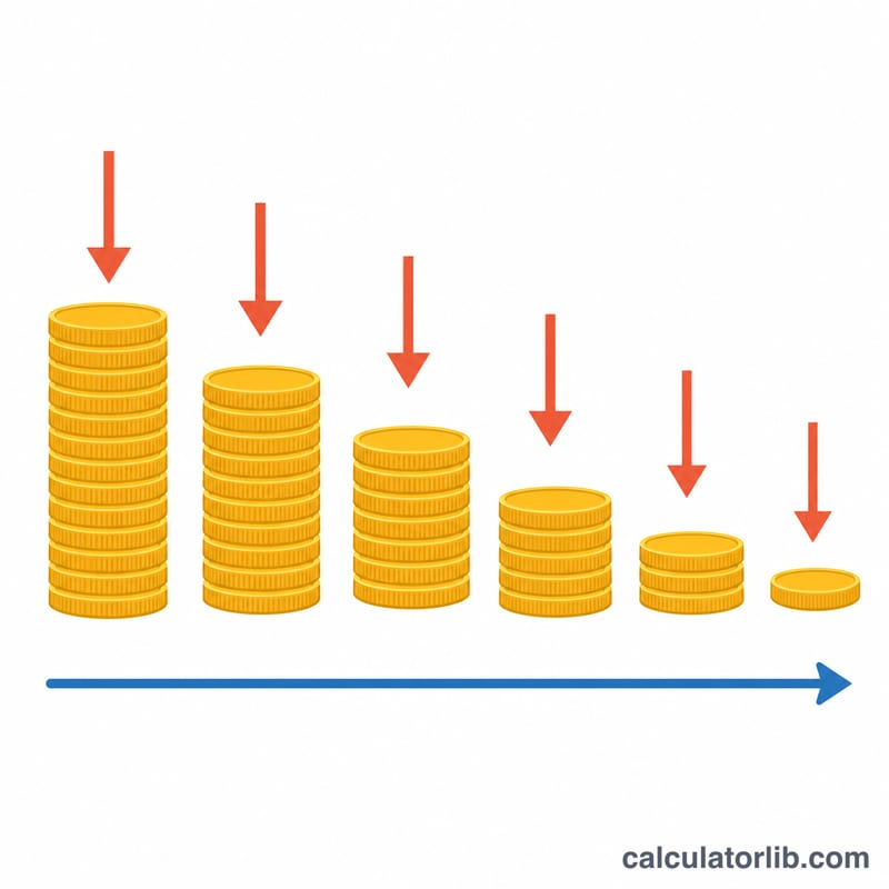 Diagram of a savings pile decreasing over time as equal withdrawals are taken