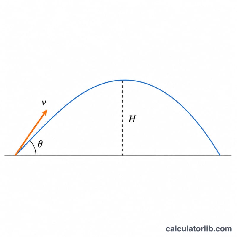 Projectile trajectory arc showing launch angle, initial velocity, and maximum height