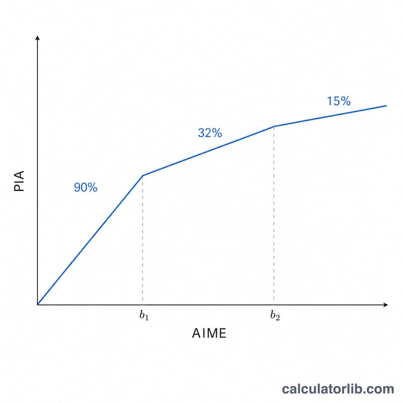 PIAとAIMEの関係を示す折れ線グラフ。90パーセント、32パーセント、15パーセントの3つの傾斜区間があり、2本の縦の屈曲点線で区切られている。