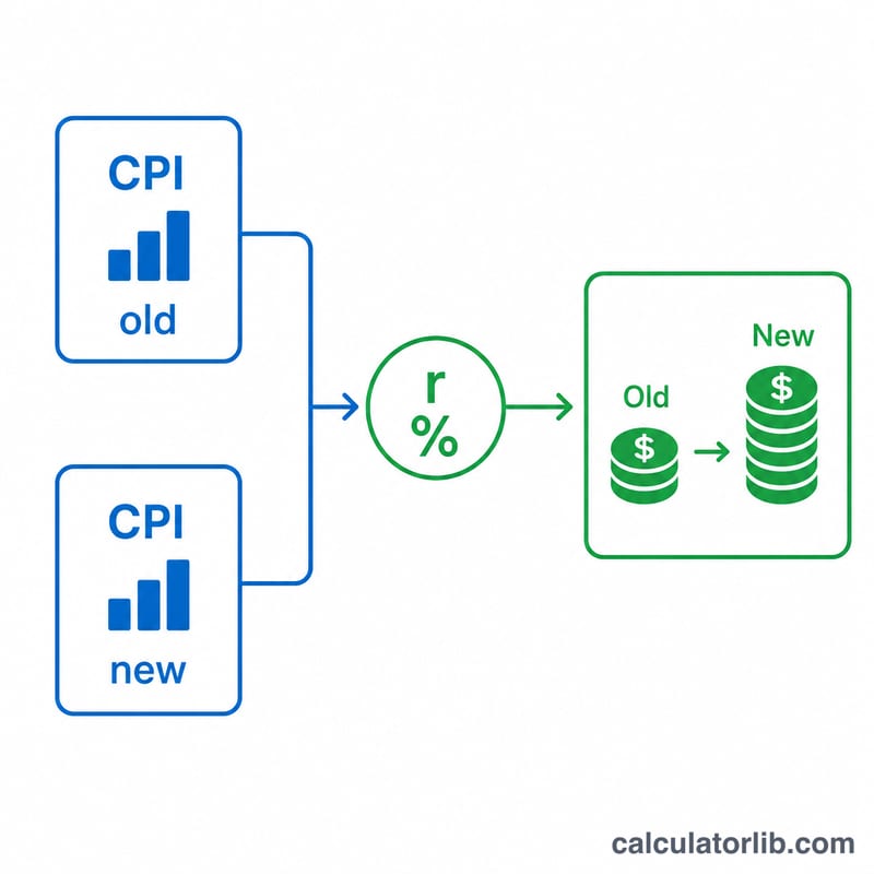 Diagram showing how two CPI values produce a COLA rate that increases an old amount to a new amount