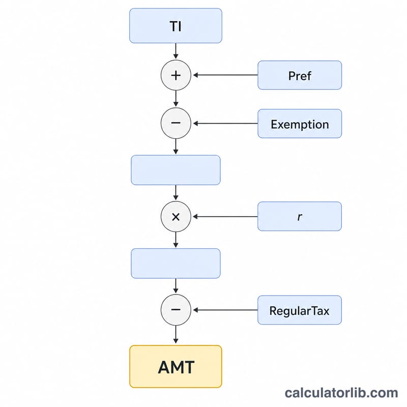 Flowchart showing AMT calculation steps from taxable income to extra tax owed