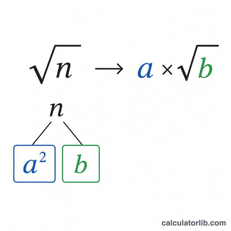 Diagram showing a square root being split into a perfect square factor and a remaining factor