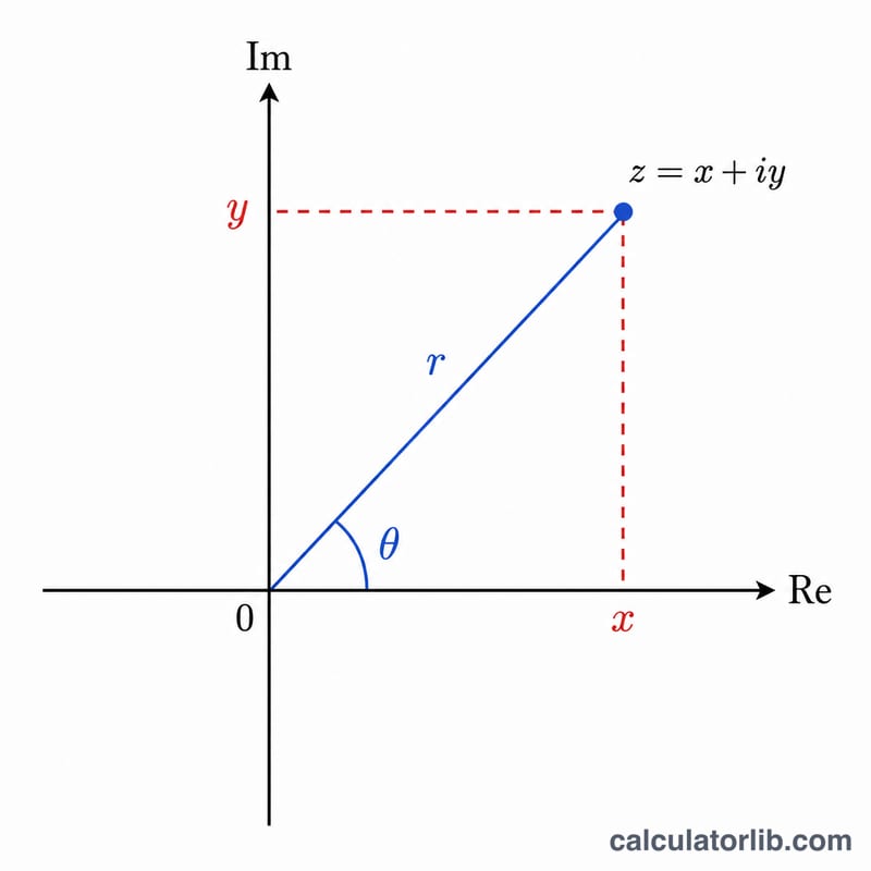 Complex plane showing point with modulus r, angle theta, and rectangular components x and y