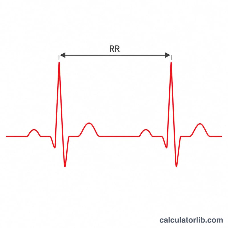 ECG waveform showing two R peaks with the RR interval marked between them