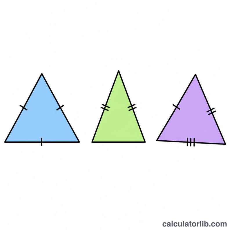 Three triangles labeled by side equality: equilateral with all sides equal, isosceles with two equal sides, scalene with all different sides