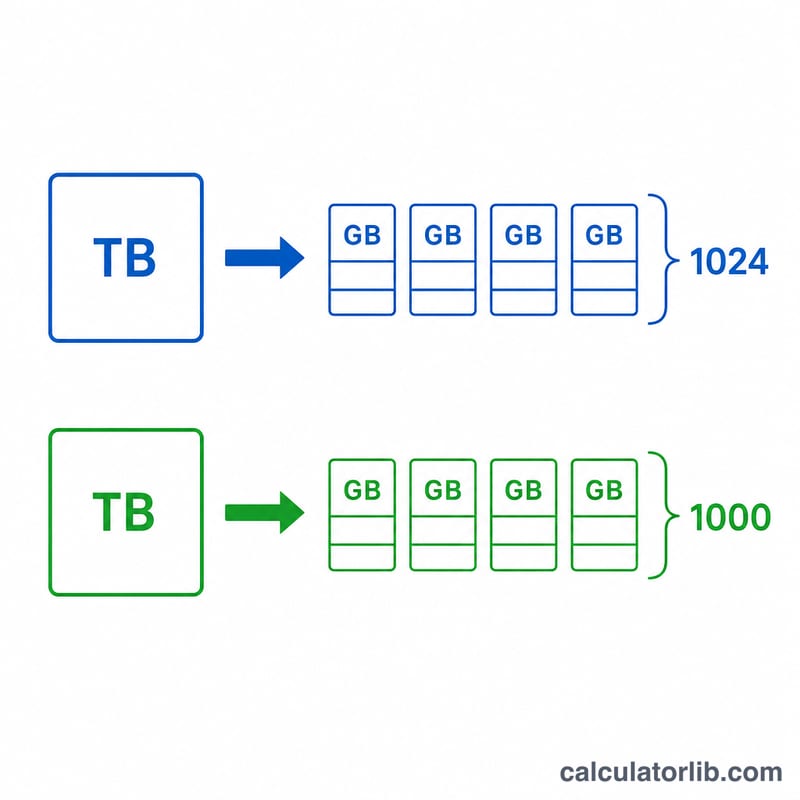 Diagram showing 1 TB equals 1024 GB in binary and 1000 GB in decimal