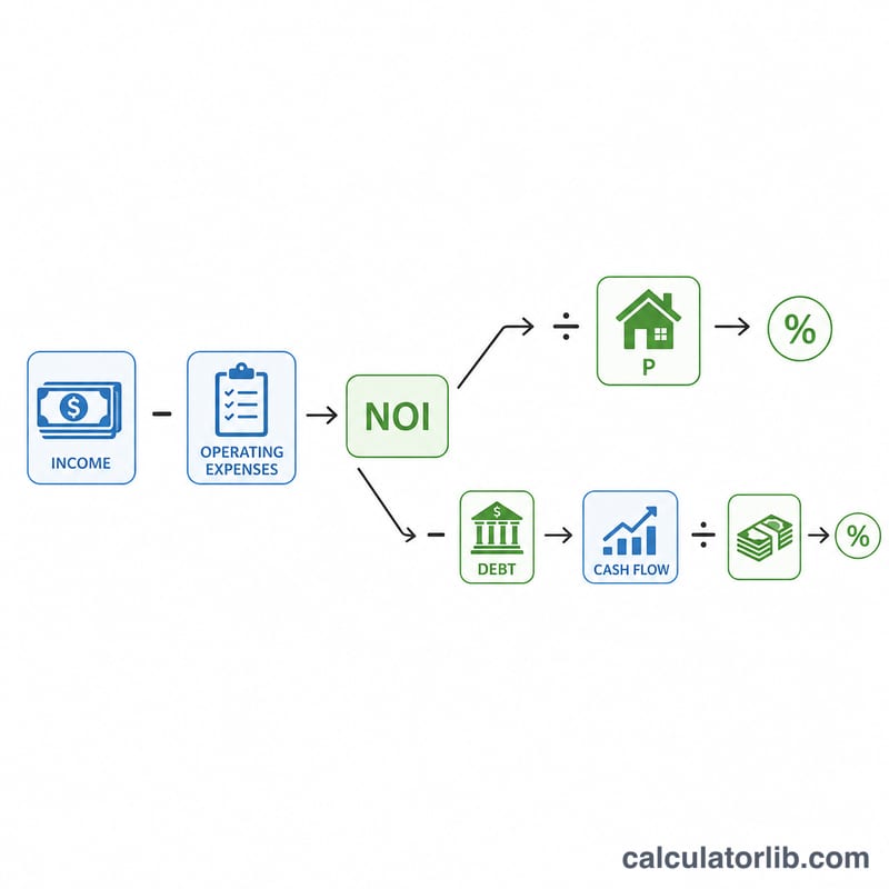 Flowchart showing rental income breaking down into NOI, cash flow, cap rate, and cash-on-cash return