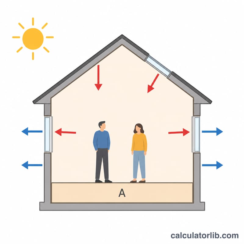 Sơ đồ mặt cắt ngôi nhà cho thấy lượng nhiệt thu vào và mất đi qua tường, cửa sổ, mái, người ở và diện tích sàn