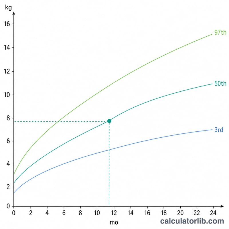 WHO weight-for-age growth chart with percentile curves and a plotted point