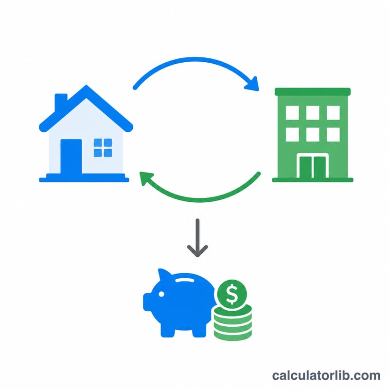 Diagram showing one property being swapped for another with a deferred tax label