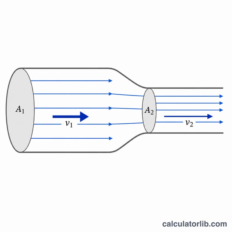 Pipe narrowing from wide inlet to narrow outlet with flow arrows and areas labeled A1, v1, A2, v2