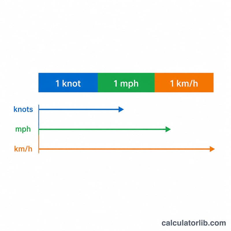 Tres flechas apiladas que comparan la longitud de un nudo con sus equivalentes en mph y km/h