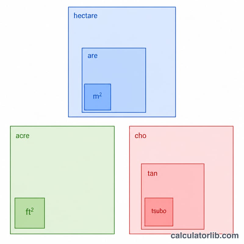 Comparaison visuelle des unités de surface entre les systèmes métrique, impérial et japonais