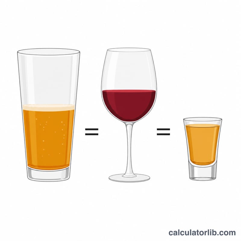 Three glasses showing equivalent standard drink servings: beer, wine, and spirits