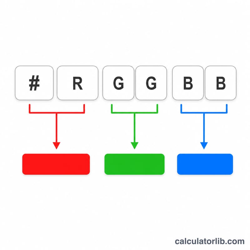 Diagram showing a six-digit hex code split into three pairs mapping to red, green, and blue channels