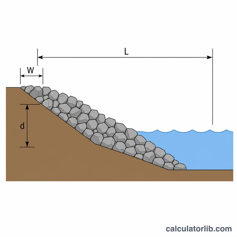 Cross-section of a sloped shoreline covered with a layer of angular rip rap stones over soil, with length, width and depth dimensions marked