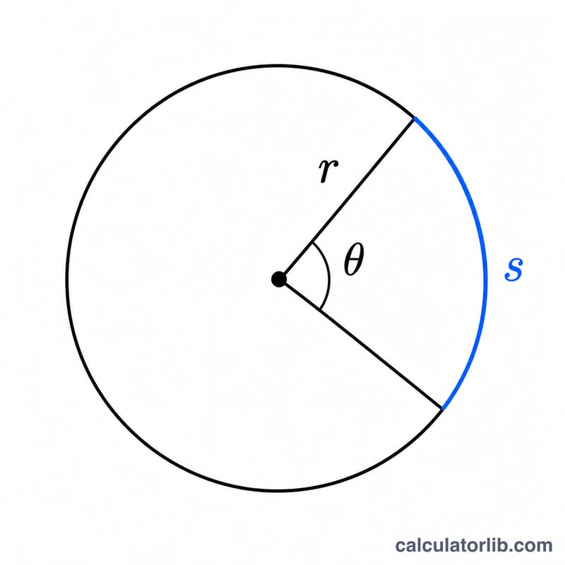 Cercle de rayon r, d'angle au centre theta, avec la longueur d'arc s mise en évidence le long de la circonférence