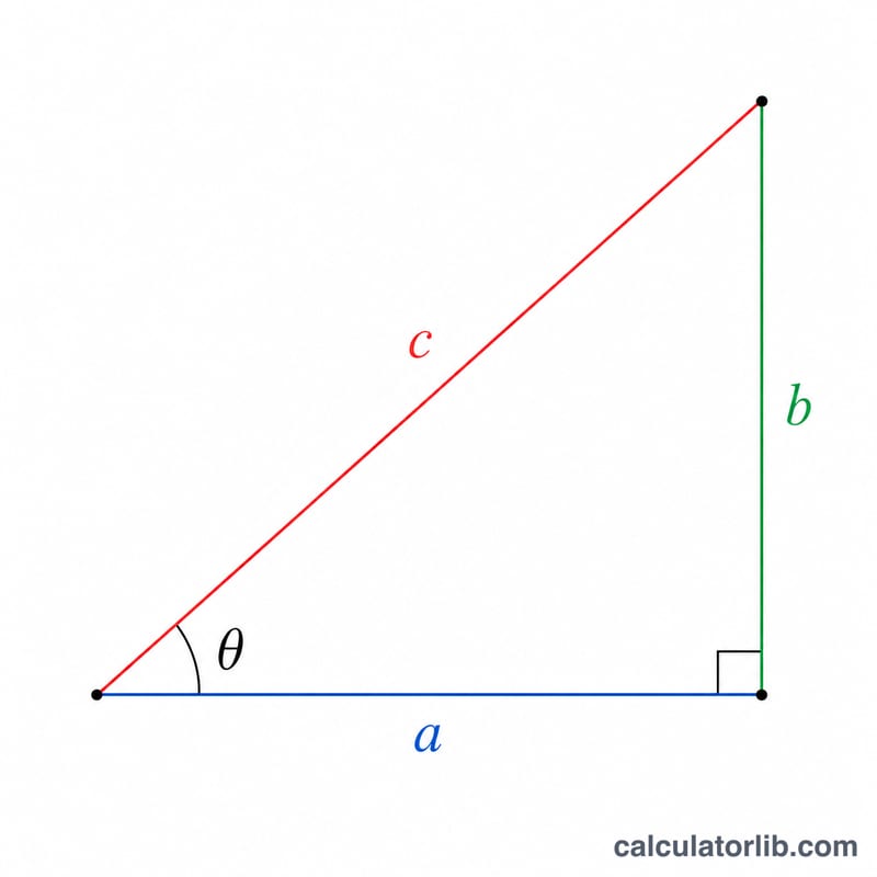 Right triangle with angle theta, labeled opposite and adjacent sides and hypotenuse