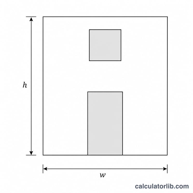 Wall rectangle with width and height labels and a door and window subtracted