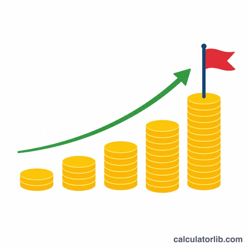 Stacked coins growing toward a flag target with an upward curve