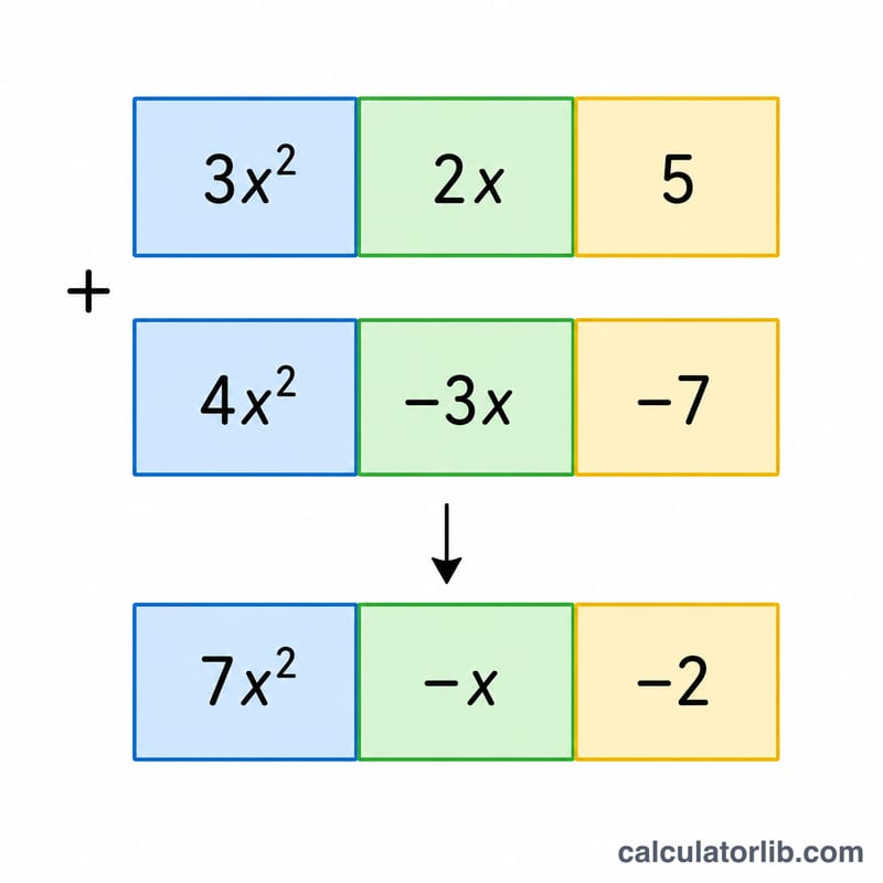 Diagram showing like terms aligned in columns and combined by adding coefficients