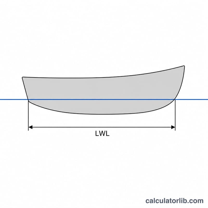 Diagrama de vista lateral del casco de un barco de desplazamiento que muestra la eslora en la línea de flotación